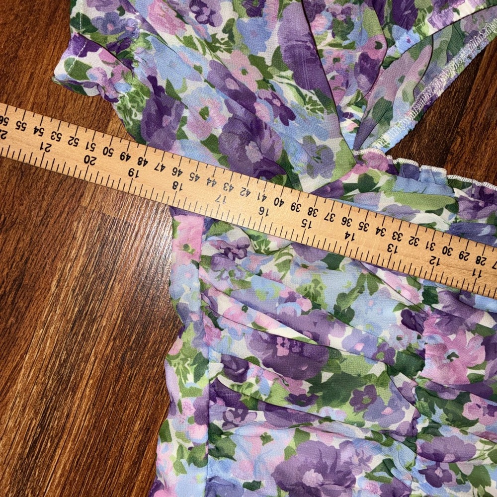 Purple Floral Puff Sleeve Mini Dress Ruched Square Neck Cottagecore Summer
